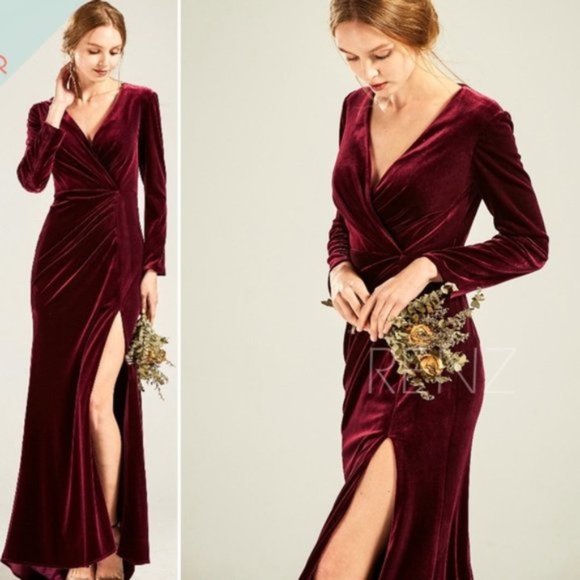 NWOT Velvet Long Sleeve V-Neck Burgundy Dress - Picture 1 of 10
